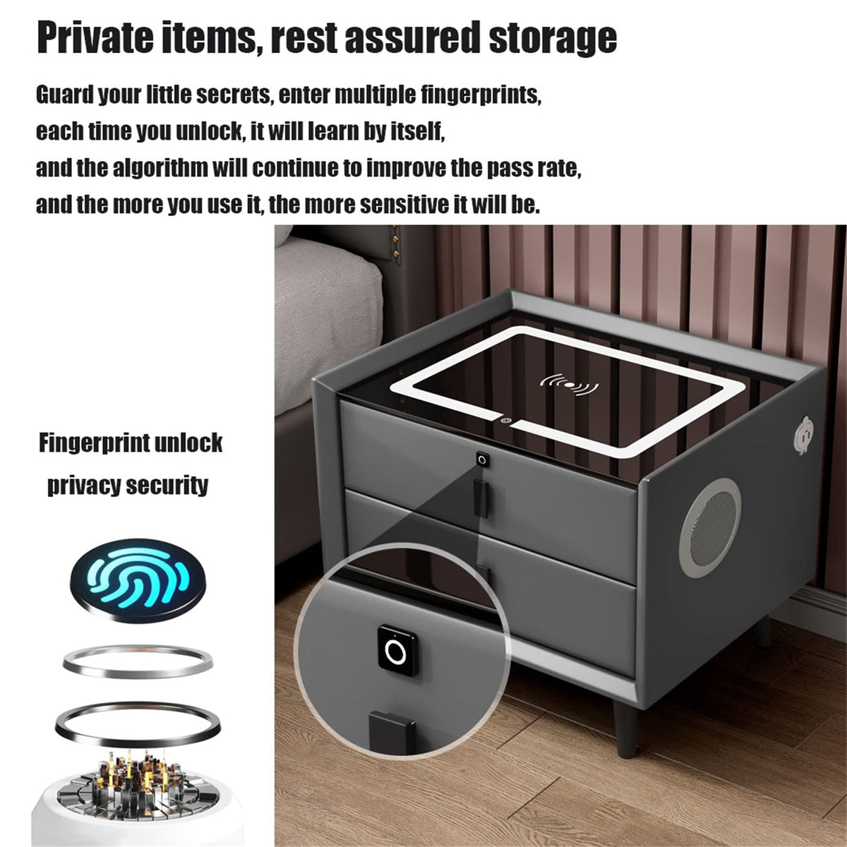 Gray Nightstand with Lock Drawer, Wireless Charging, USB Port and LED Lights D69492