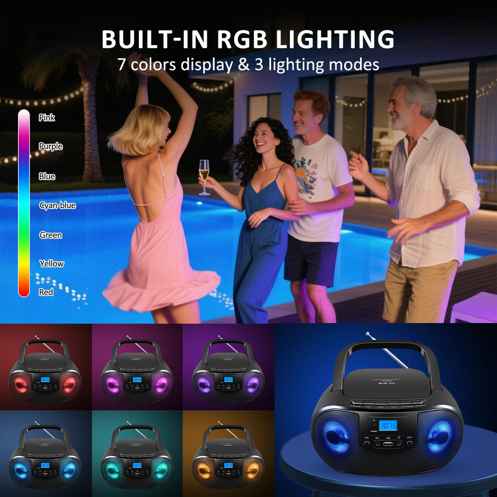 Portable CD Player Boombox with FM Radio, Bluetooth, Remote Control, Black T842