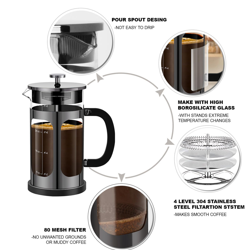 French Press Coffee Maker 34oz with 4 Filters Borosilicate Glass T608