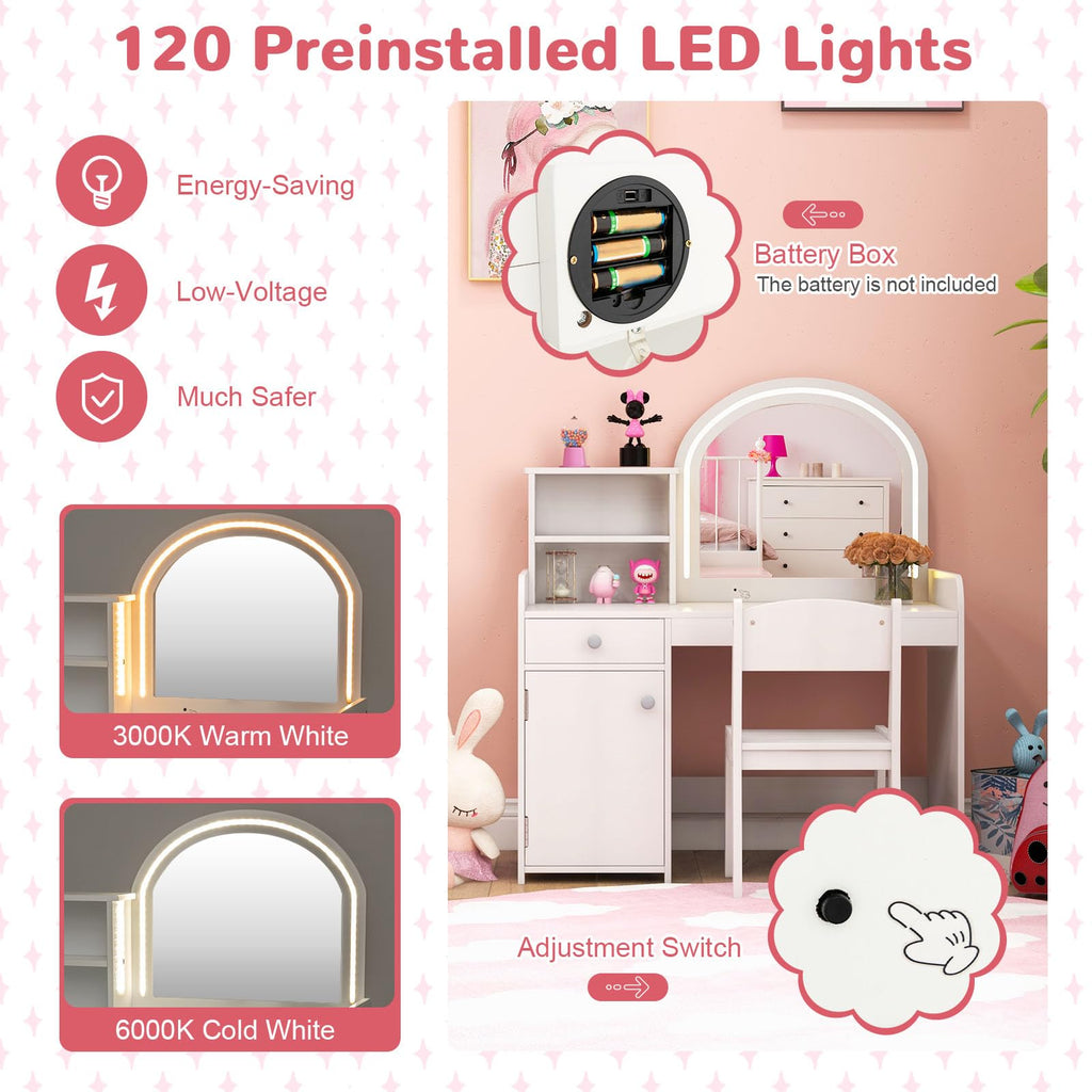 Kids Vanity Table and Chair Set with LED Lighted Mirror C292295