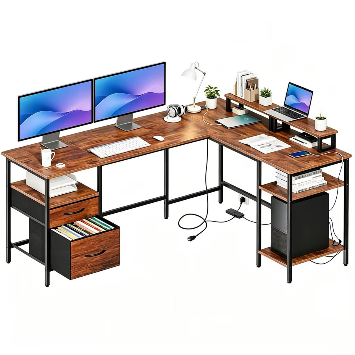 62 Inch L Shaped Computer Desk with Charging Station N645