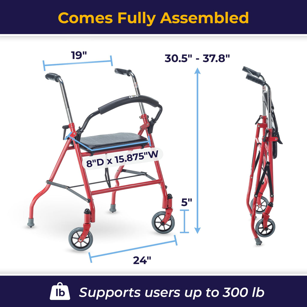 Foldable Rollator Walker with Seat, Red, 1 Count D474