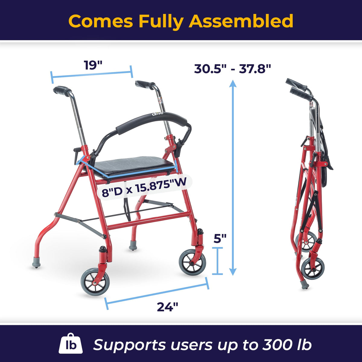 Foldable Rollator Walker with Seat, Red, 1 Count D474