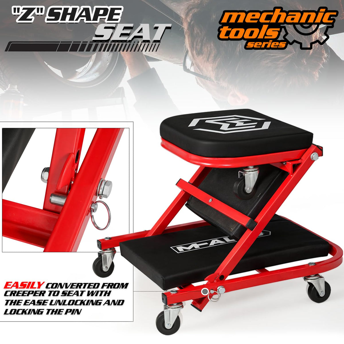 40-Inch Folding Creeper Rolling Seat, 330LBS Capacity with 6 Swivel Casters, Red X401