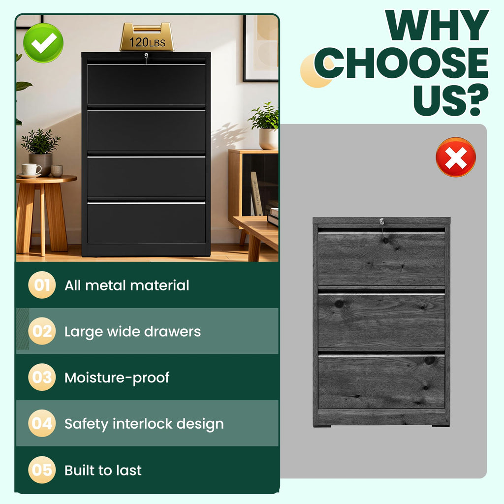4 Drawer Black Lateral File Cabinet with Lock V104