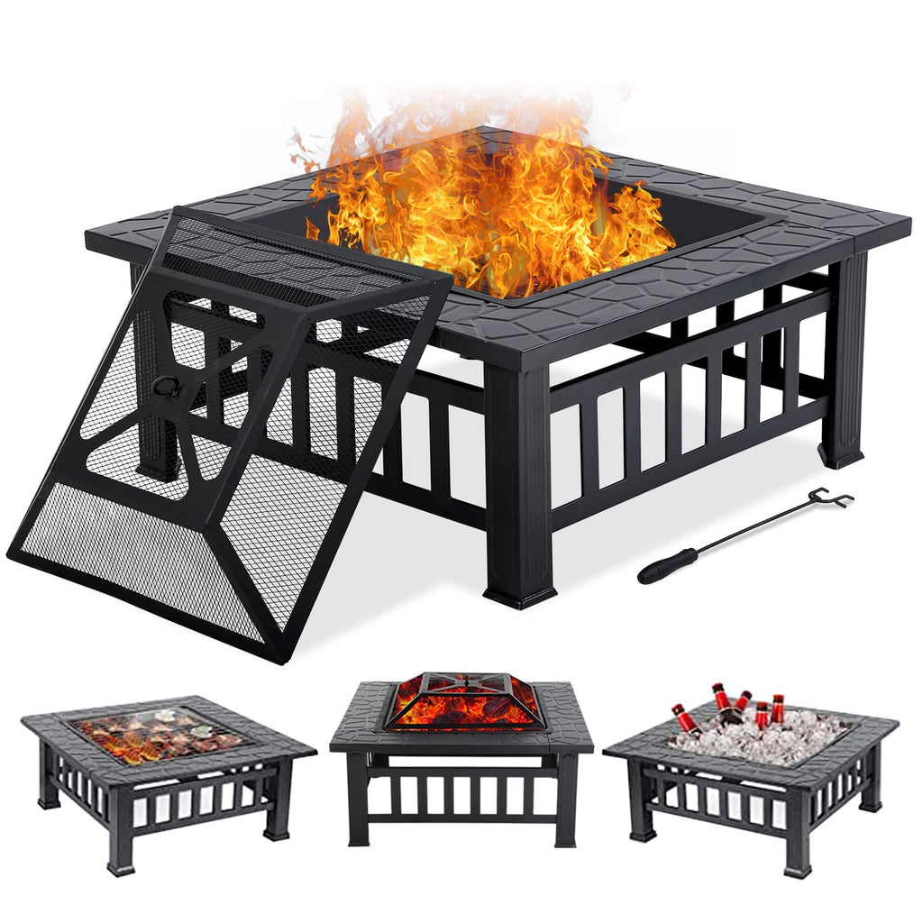 32" Square Wood Burning Fire Pit Table with Spark Screen H108