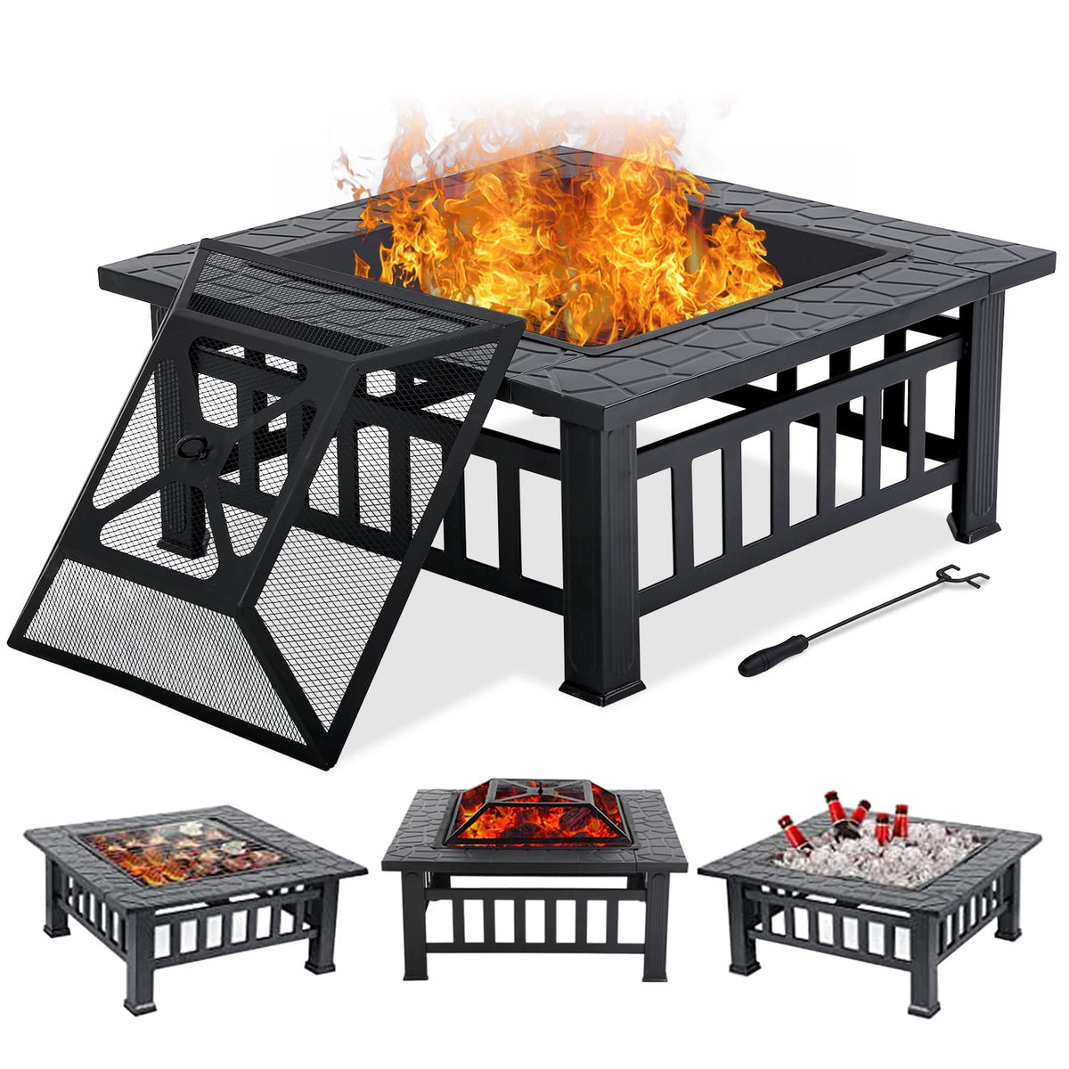 32" Square Wood Burning Fire Pit Table with Spark Screen H108