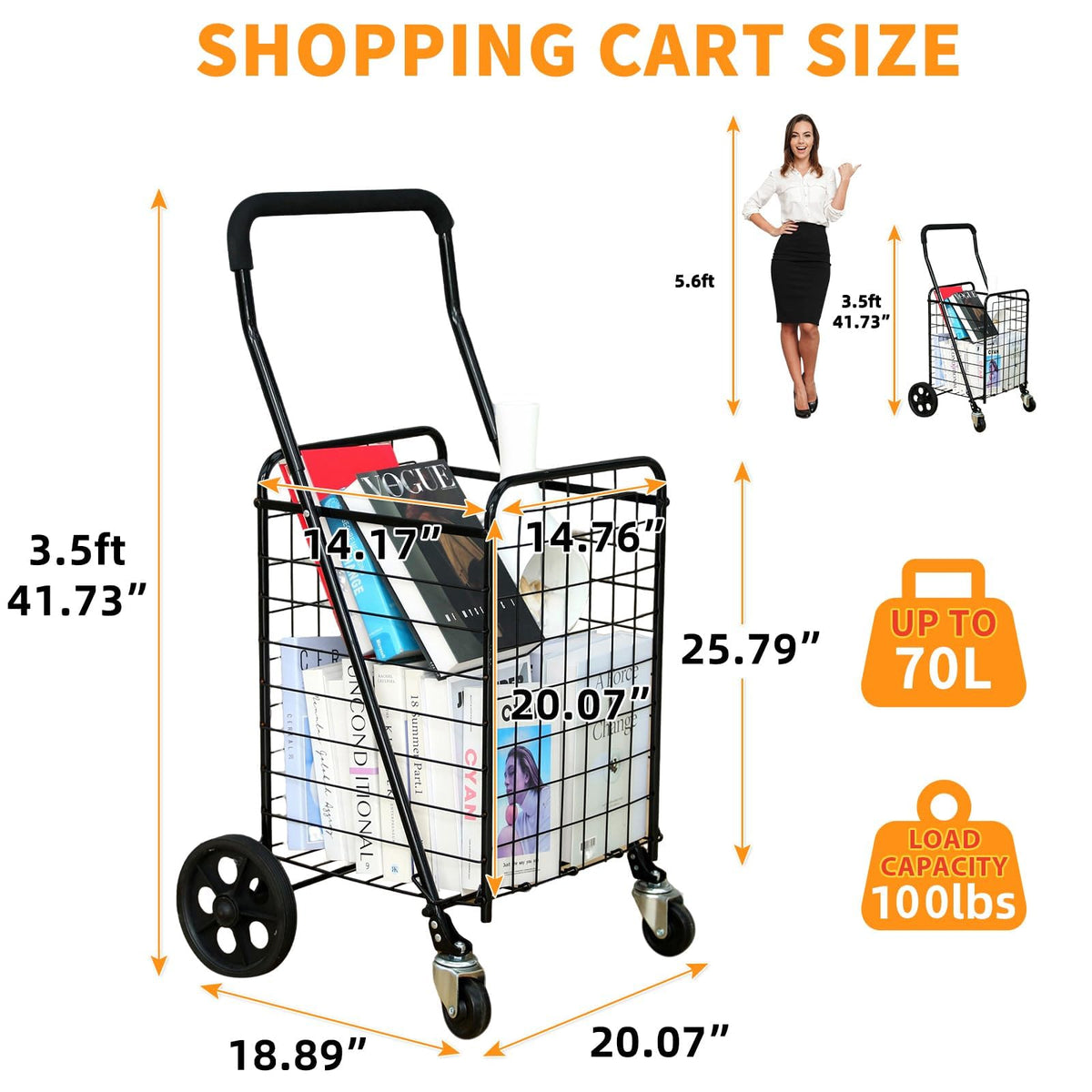 Grocery Shopping Cart with Swivel Wheels, Collapsible Utility Cart Y245