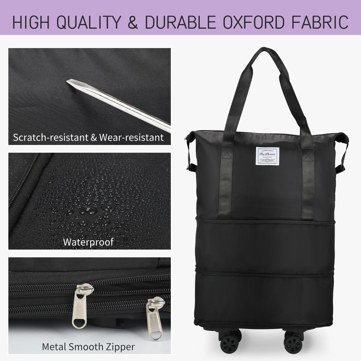 Expandable Rolling Duffle Bag with Wheels, 18L to 30L, Black V351