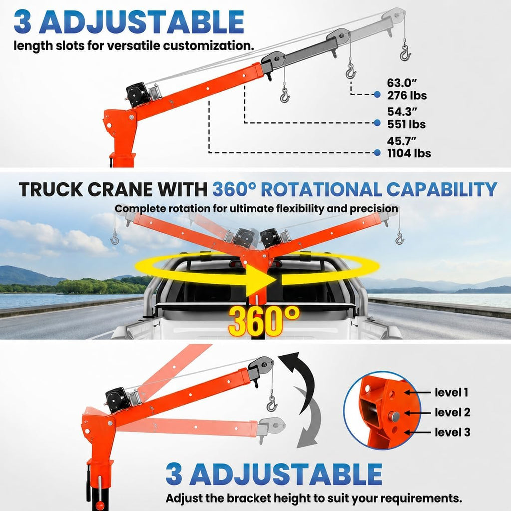 1100 LBS Truck Bed Crane with 3500 LBS 12V Electric Winch K3476