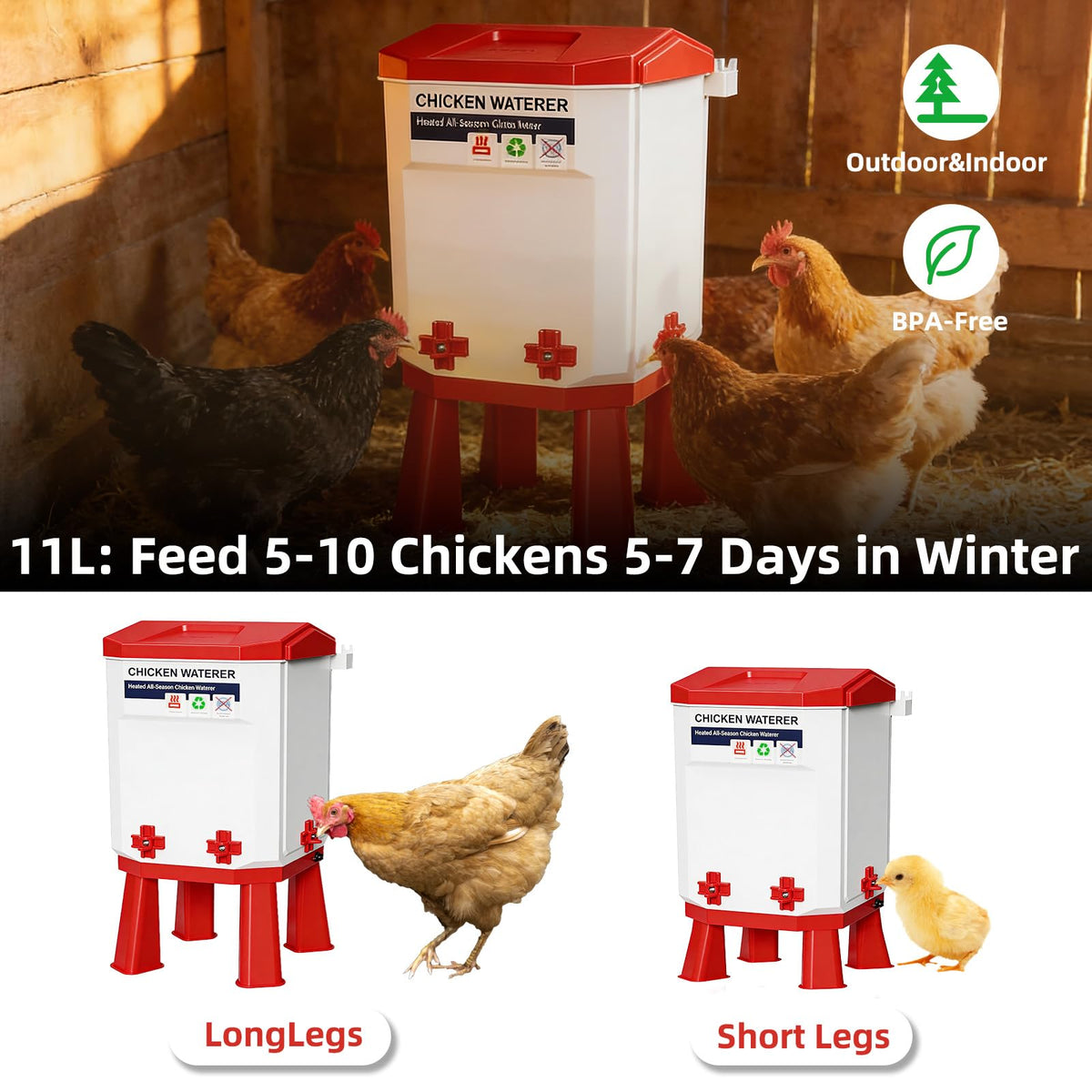 3-Gallon Heated Chicken Waterer with Heater and 4 Nipples E139