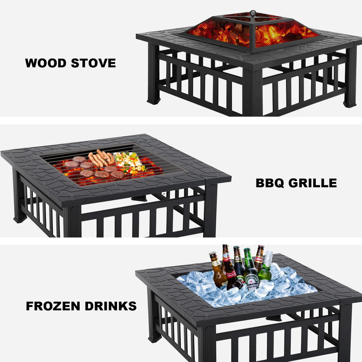 32" Square Wood Burning Fire Pit Table with Spark Screen H108