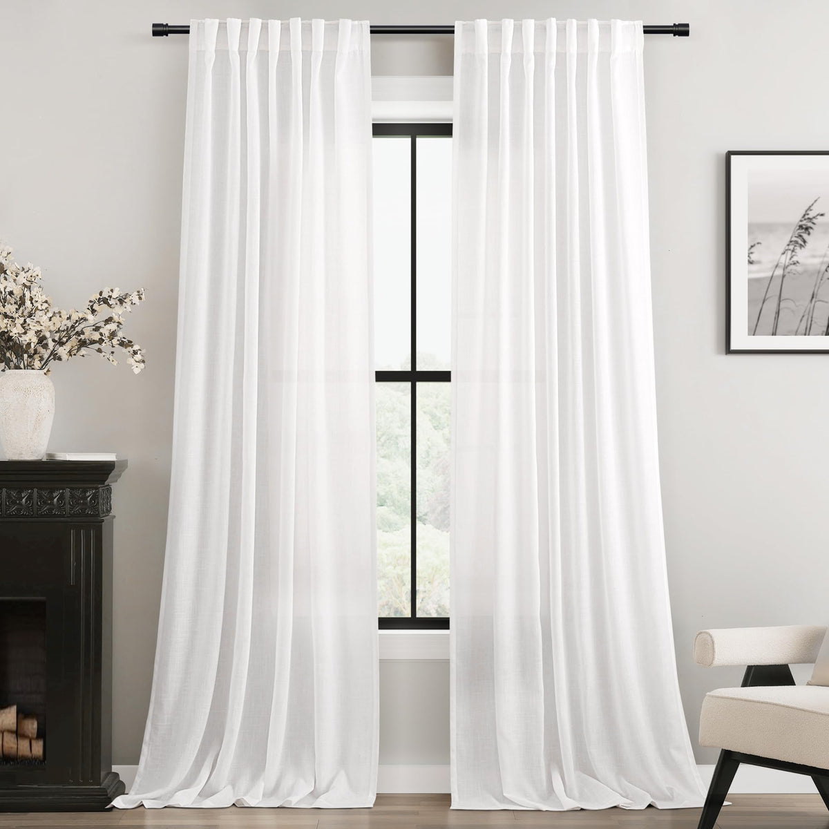 White 2 Panels Back Tab Light Filtering Cotton Textured Curtains U1869