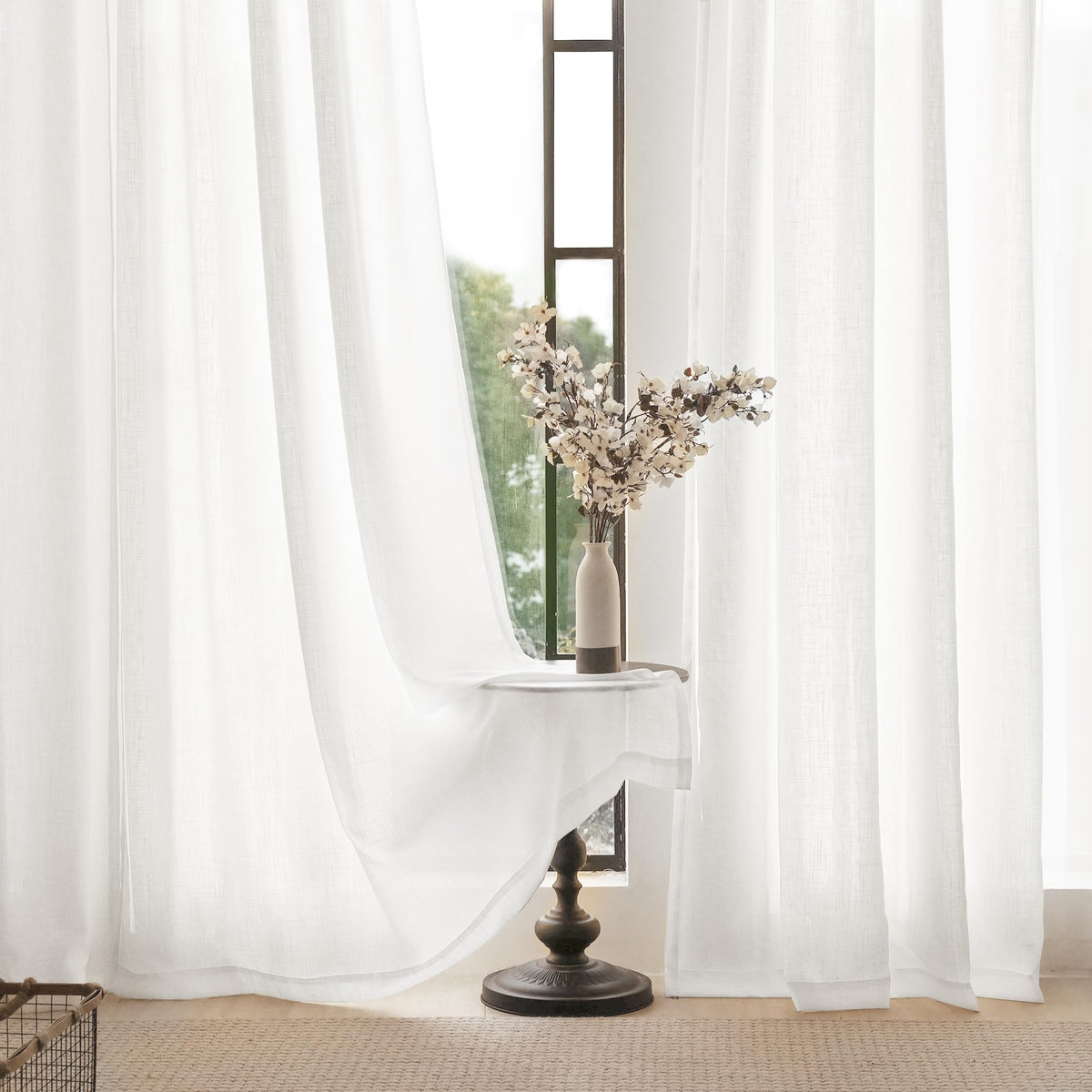 White 2 Panels Back Tab Light Filtering Cotton Textured Curtains U1869