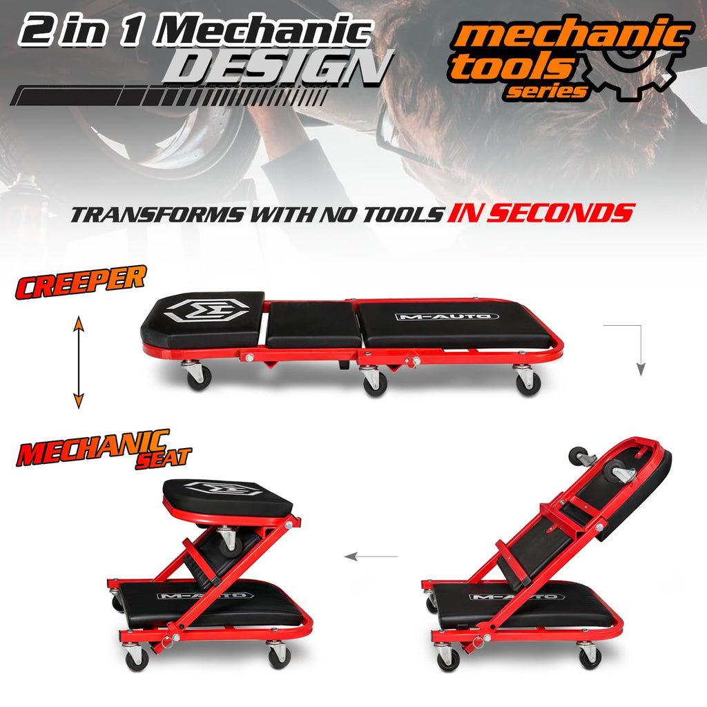 40-Inch Folding Creeper Rolling Seat, 330LBS Capacity with 6 Swivel Casters, Red X401