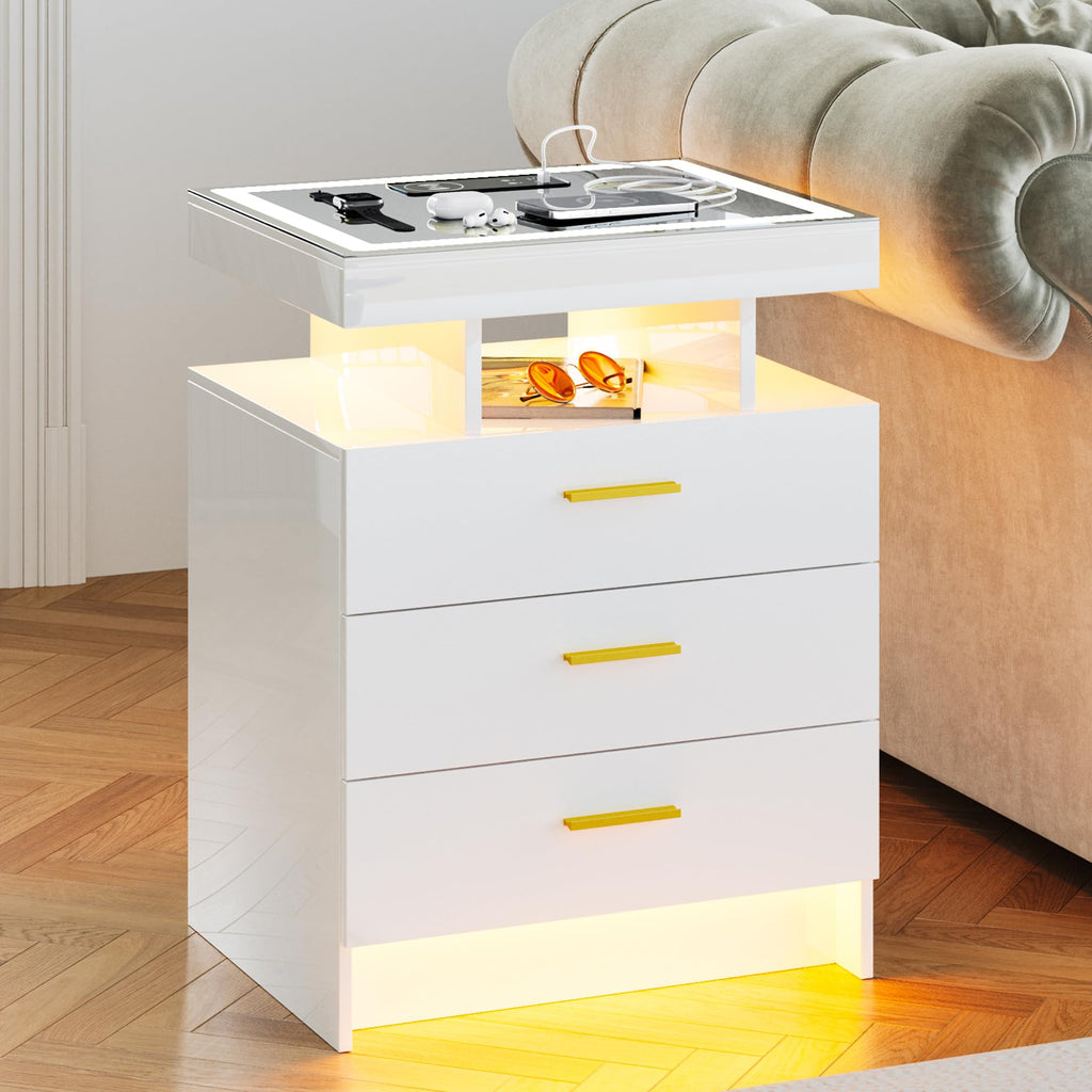 White LED Nightstand with Wireless Charging Station R5778