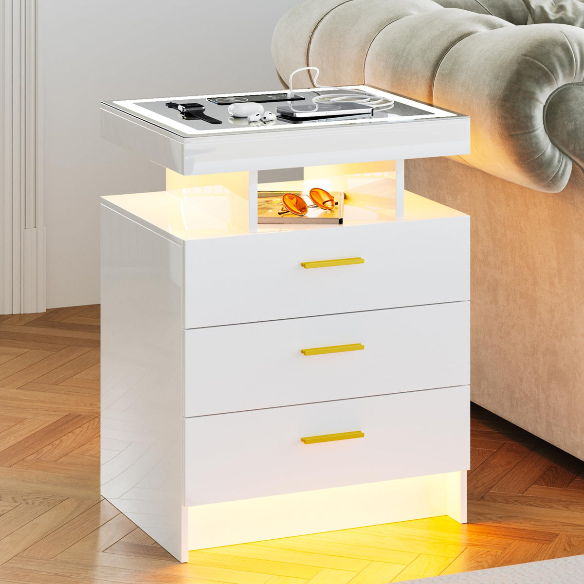 White LED Nightstand with Wireless Charging Station R5778