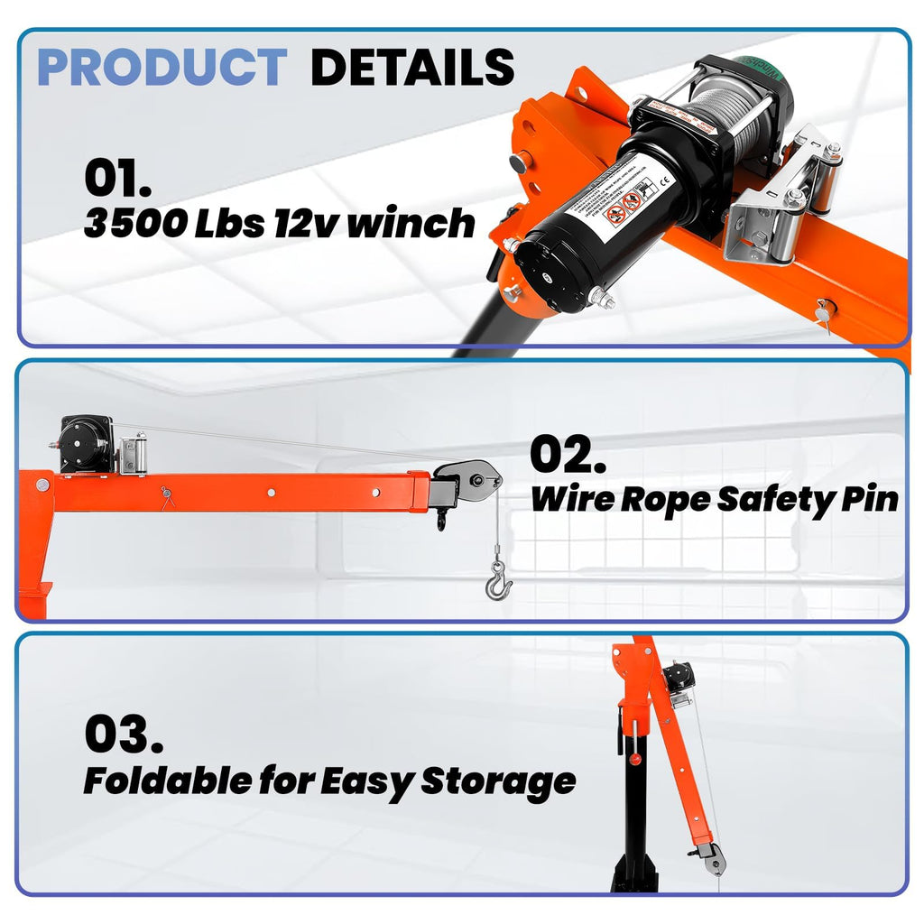1100 LBS Truck Bed Crane with 3500 LBS 12V Electric Winch K3476