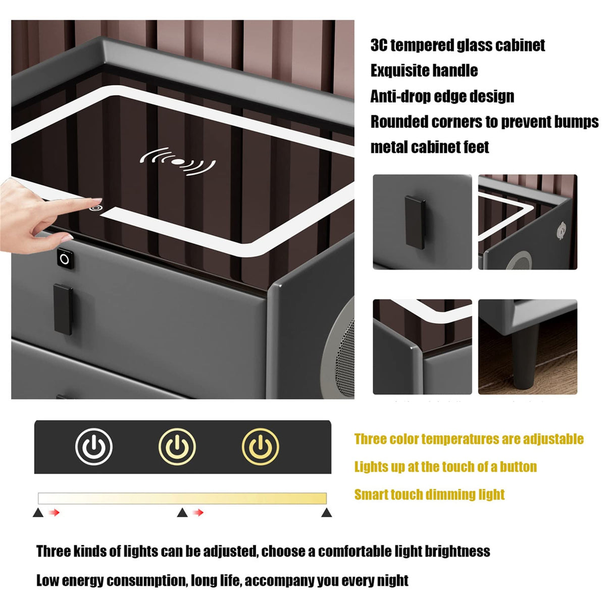 Gray Nightstand with Lock Drawer, Wireless Charging, USB Port and LED Lights D69492