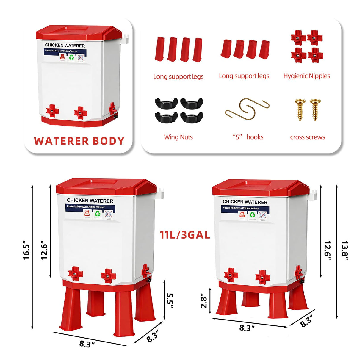 3-Gallon Heated Chicken Waterer with Heater and 4 Nipples E139
