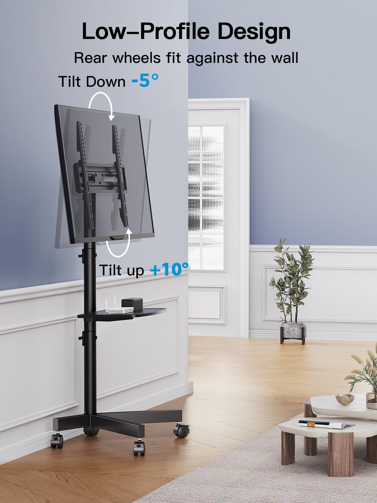 Rolling TV Stand on Wheels for 23-65 Inch TVs, Tilt Mobile TV Cart Holds up to 99 lbs with Adjustable Height Shelf O582
