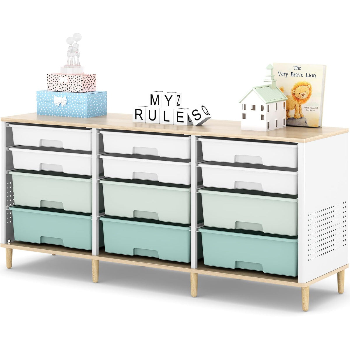 12 Drawers Storage Cabinet with Wooden Top and Plastic Bins O581