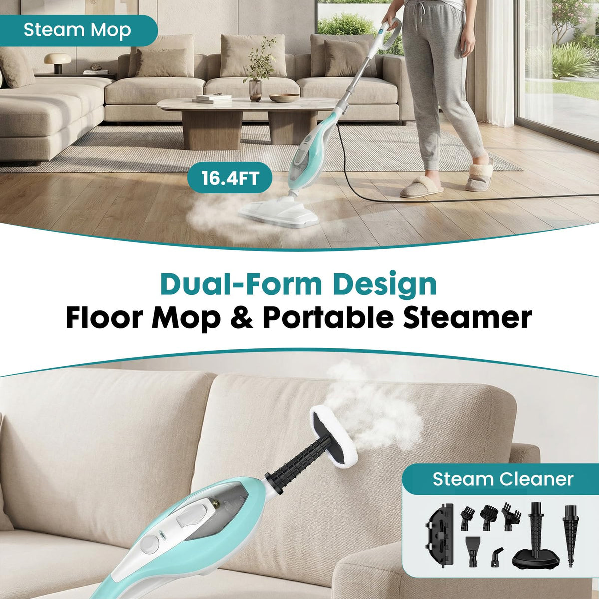 1550W Detachable Handheld Steam Mop with 2 Reusable Pads D1502