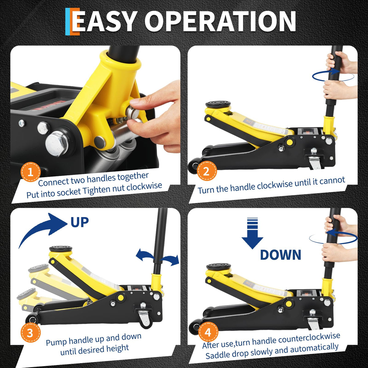 3 Ton Low Profile Hydraulic Floor Jack with Dual Piston Quick Lift Pump Steel Yellow E392604