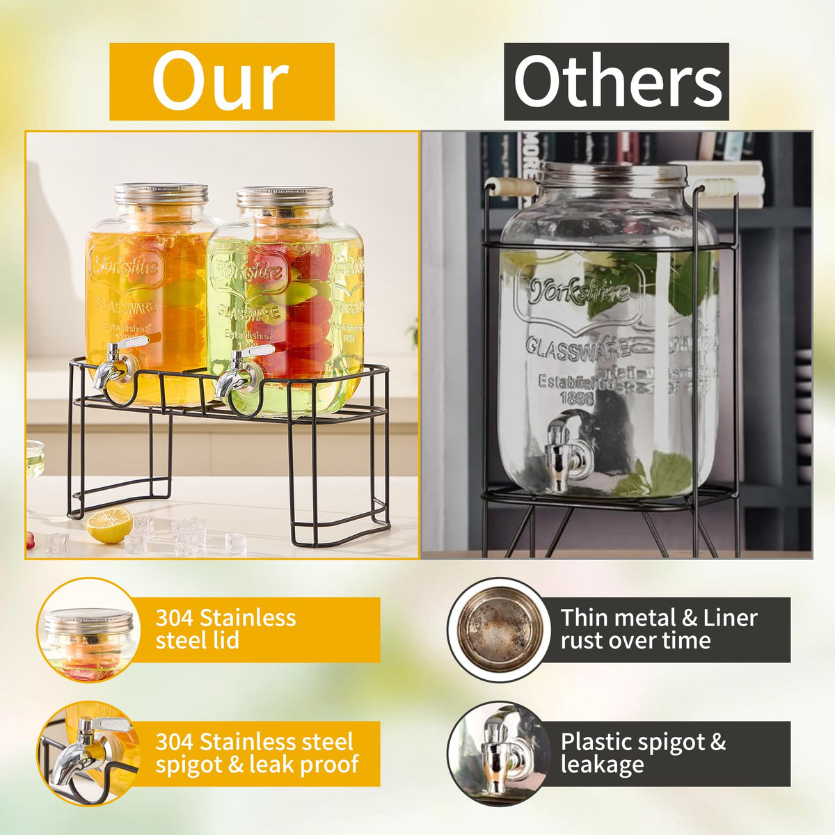 1 Gallon Glass Beverage Dispenser Set of 2 with Stand & Fruit Infuser H761
