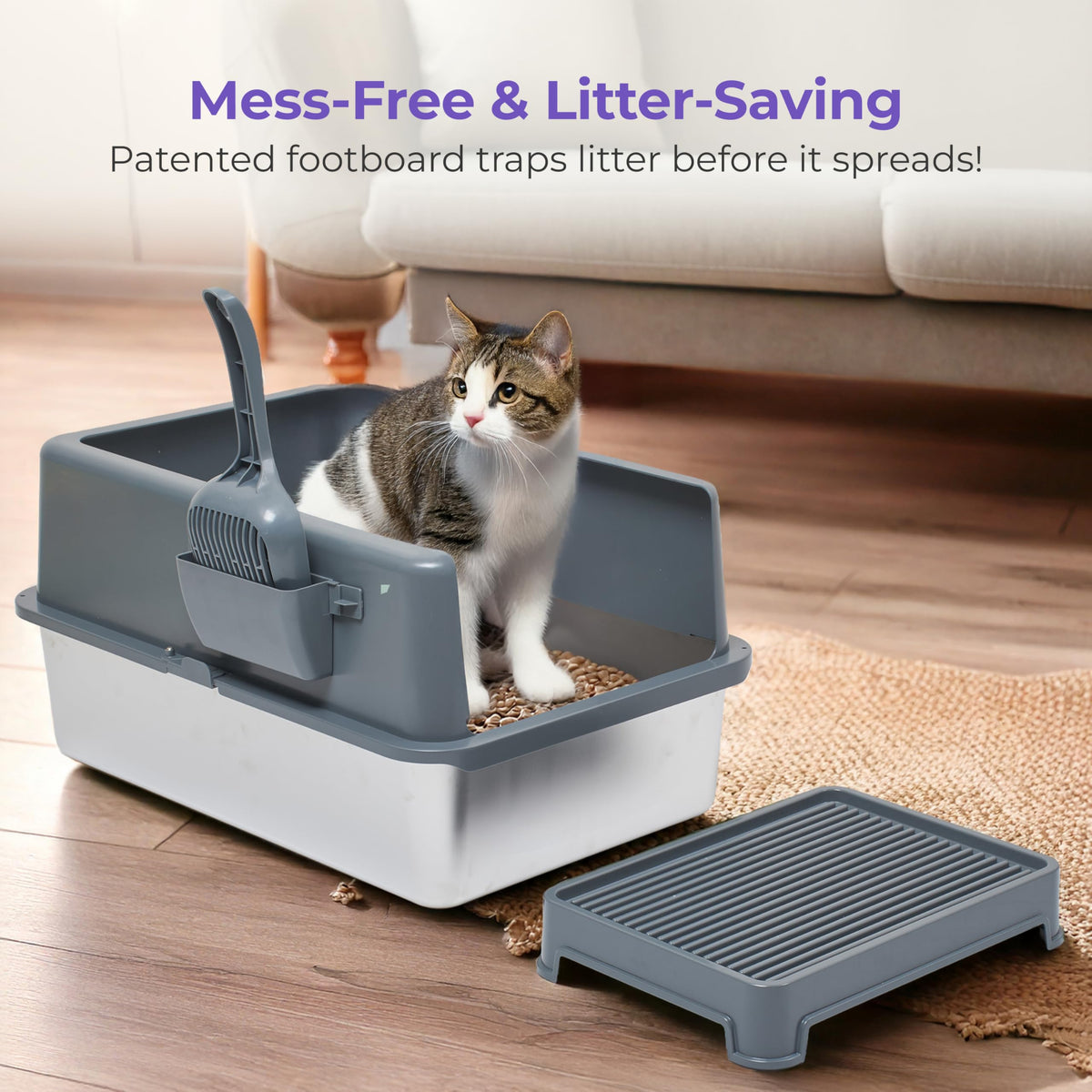 Stainless Steel Cat Litter Box Set with Scooper and Litter Mat F70750