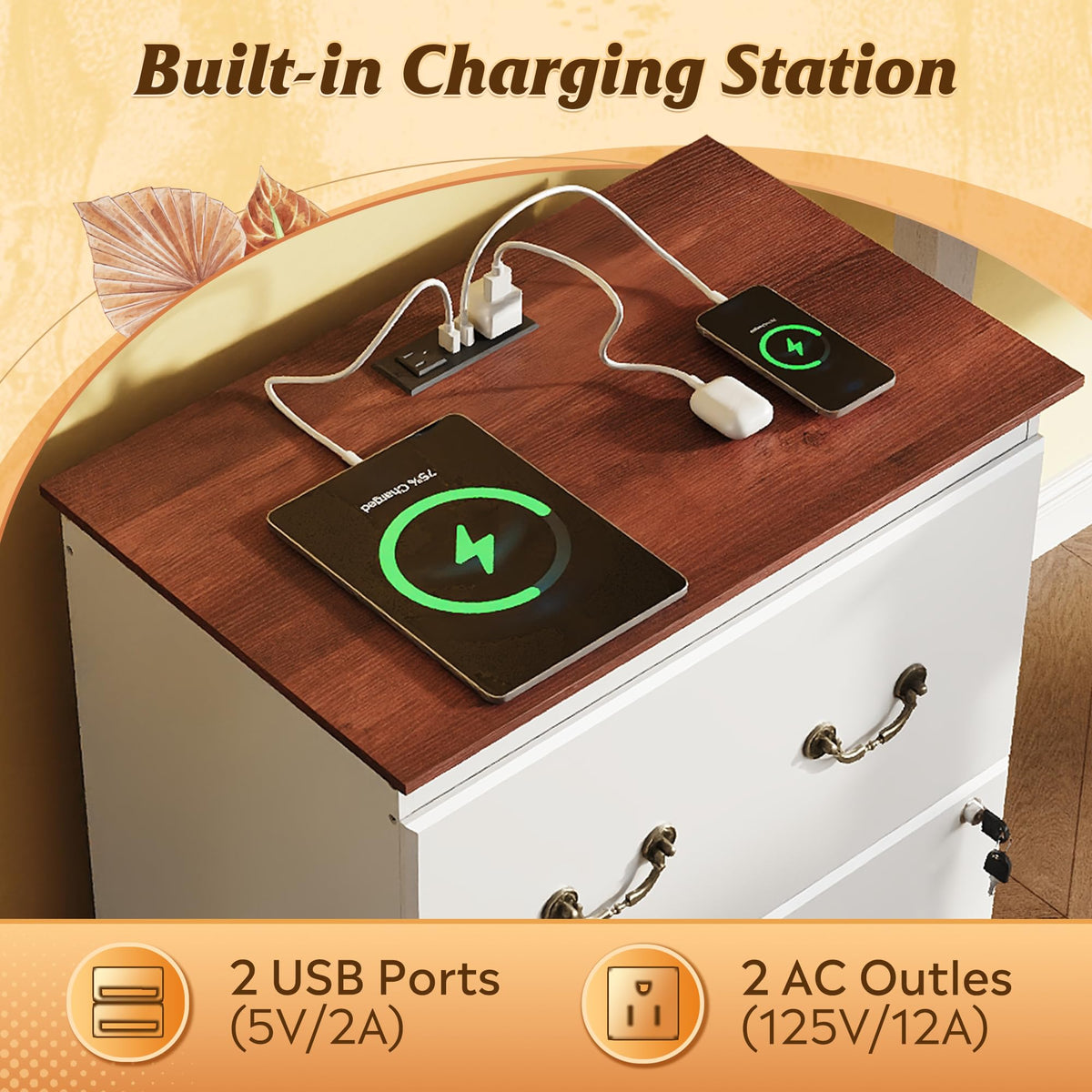 White 2 Drawer Wood File Cabinet with Charging Station and Lock L9606