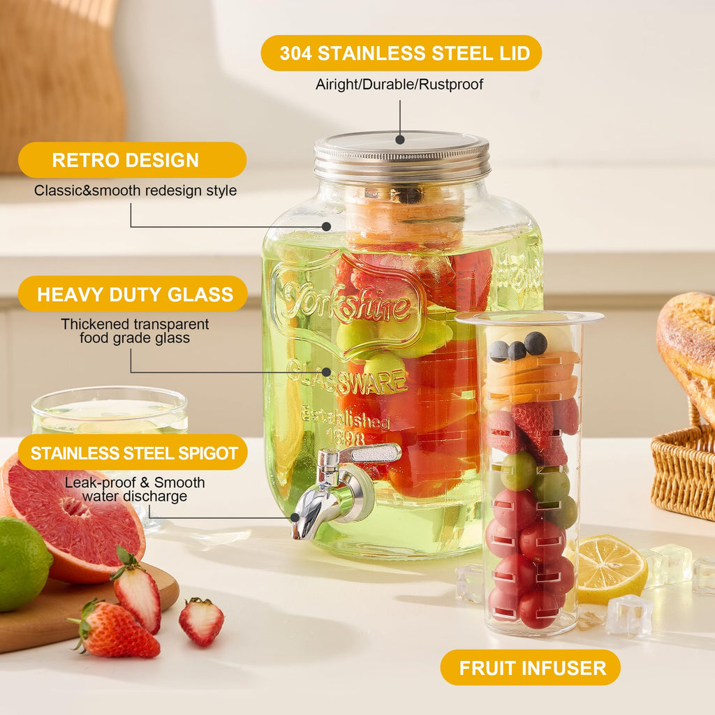 1 Gallon Glass Beverage Dispenser Set of 2 with Stand & Fruit Infuser H761