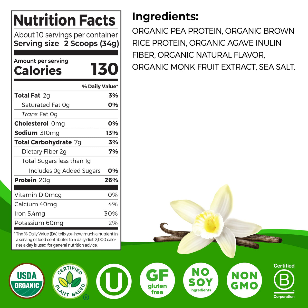Organic Vegan Protein Powder, 20g Plant Protein, Vanilla Y9572