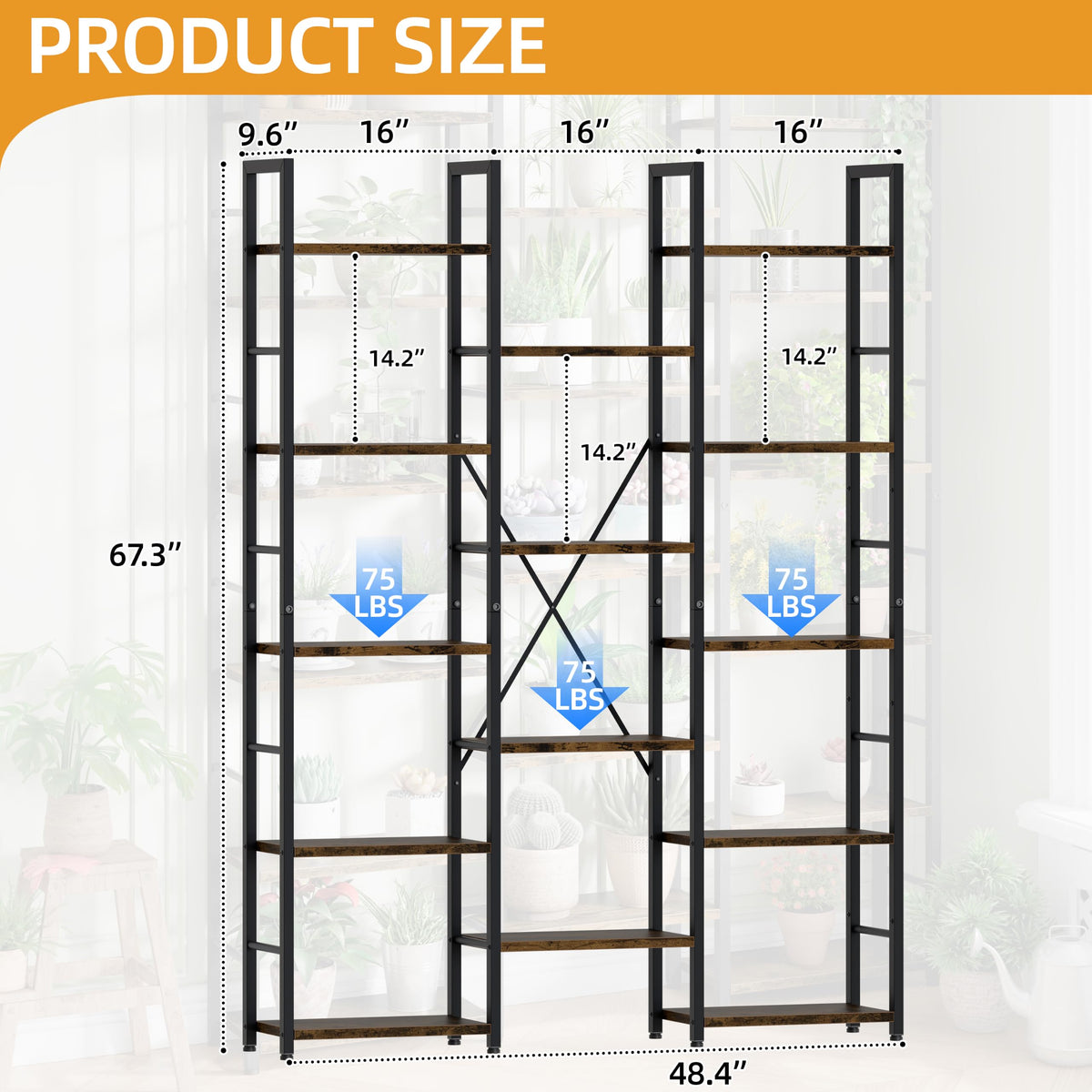 5 Tier Metal Bookshelf with Rustic Brown Shelves A550284