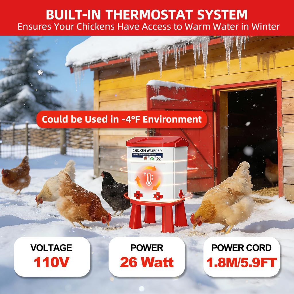 3-Gallon Heated Chicken Waterer with Heater and 4 Nipples E139