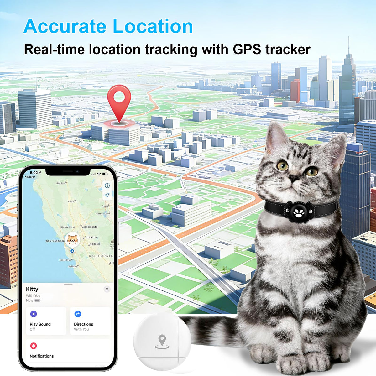 GPS Cat Collar Tracker, Waterproof, Black T517928