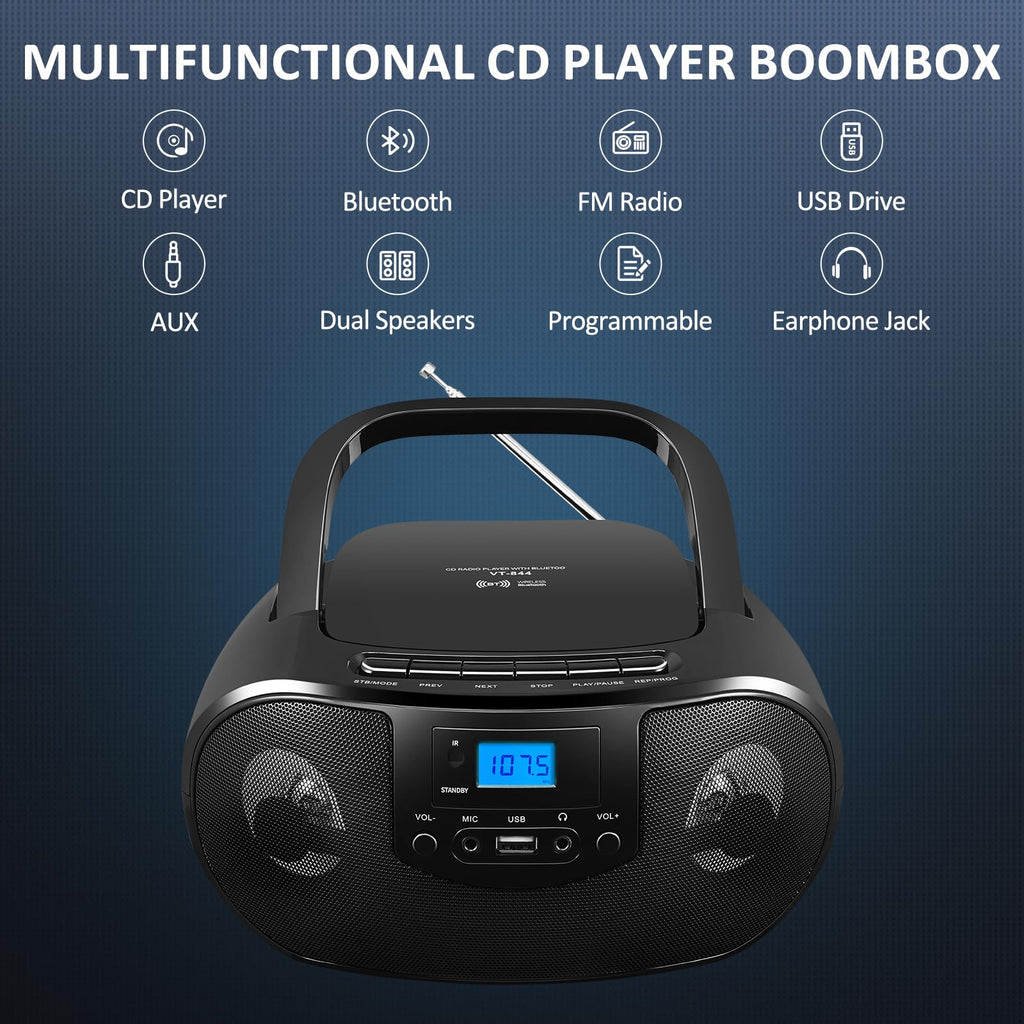Portable CD Player Boombox with FM Radio, Bluetooth, Remote Control, Black T842