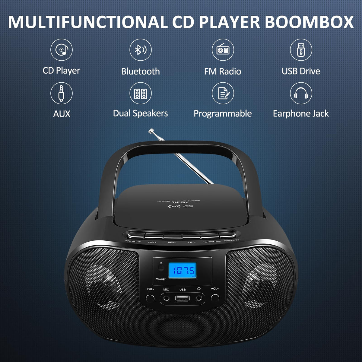 Portable CD Player Boombox with FM Radio, Bluetooth, Remote Control, Black T842