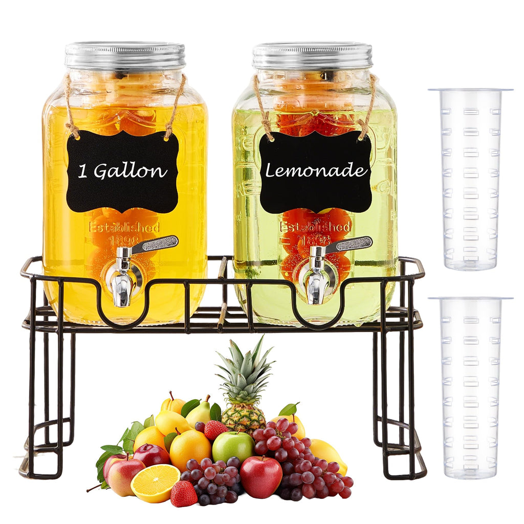 1 Gallon Glass Beverage Dispenser Set of 2 with Stand & Fruit Infuser H761