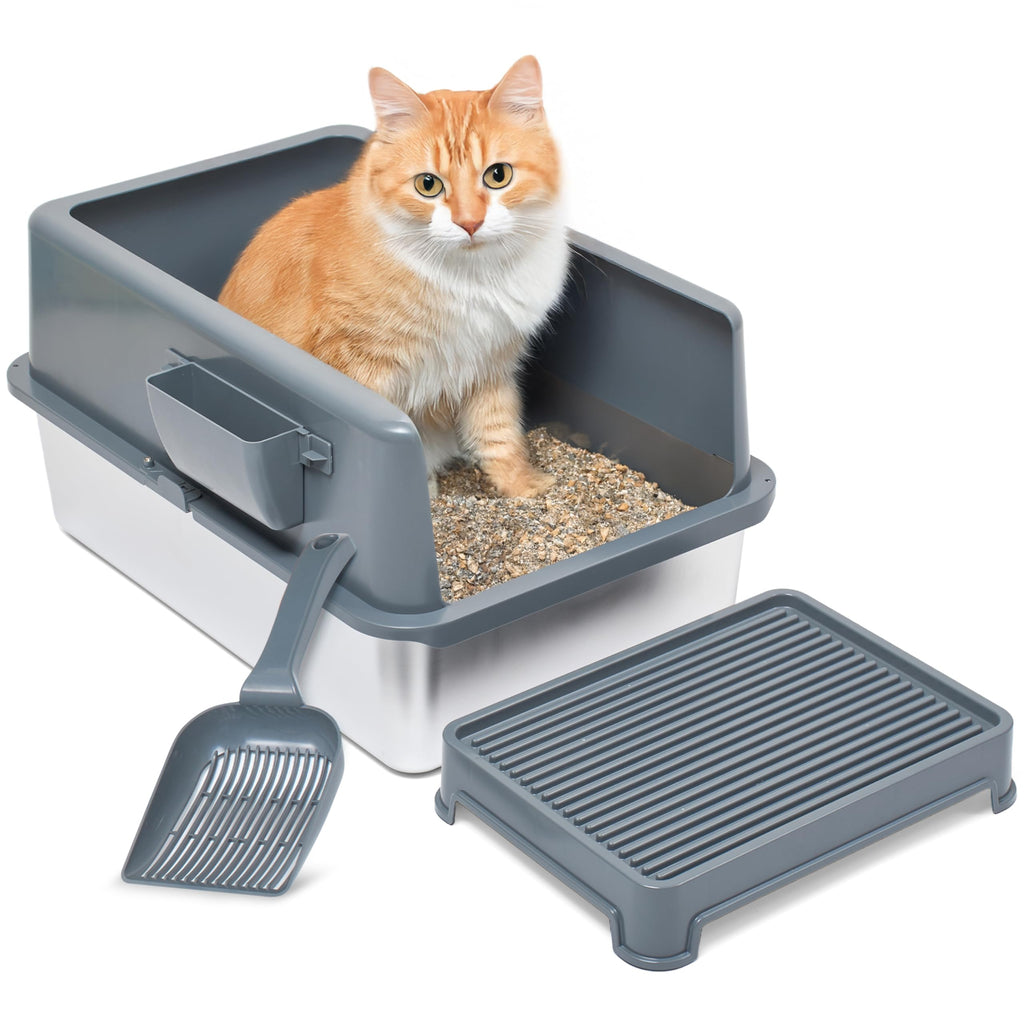 Stainless Steel Cat Litter Box Set with Scooper and Litter Mat F70750