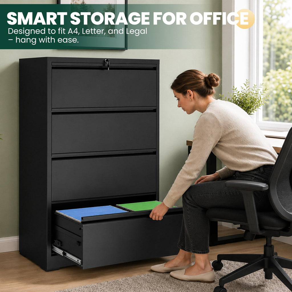 4 Drawer Black Lateral File Cabinet with Lock V104