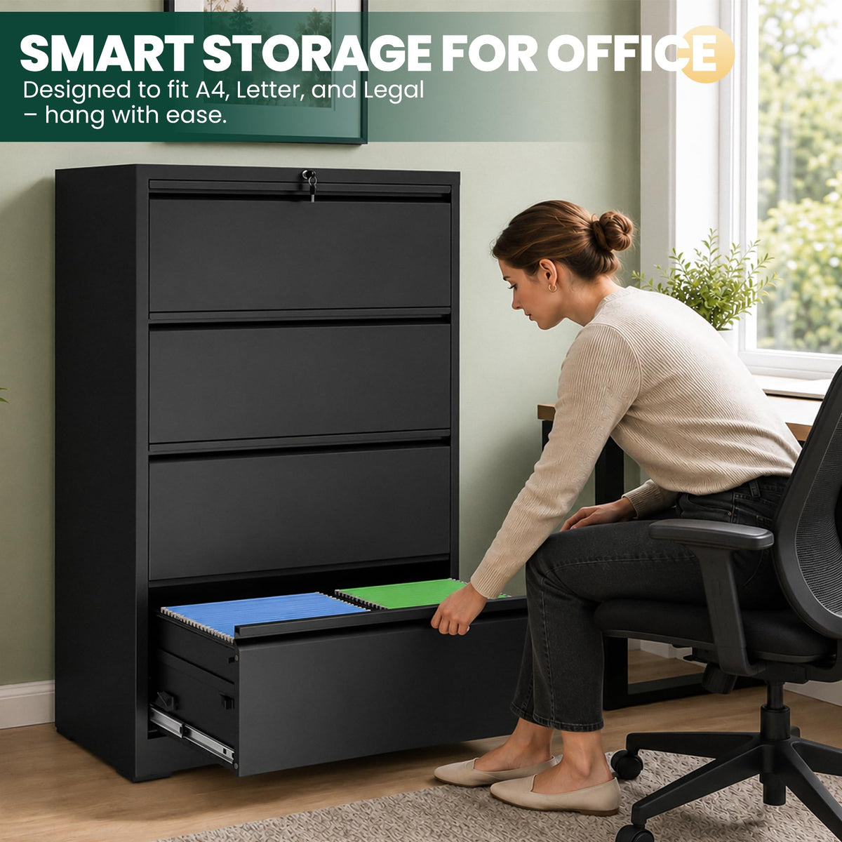 4 Drawer Black Lateral File Cabinet with Lock V104