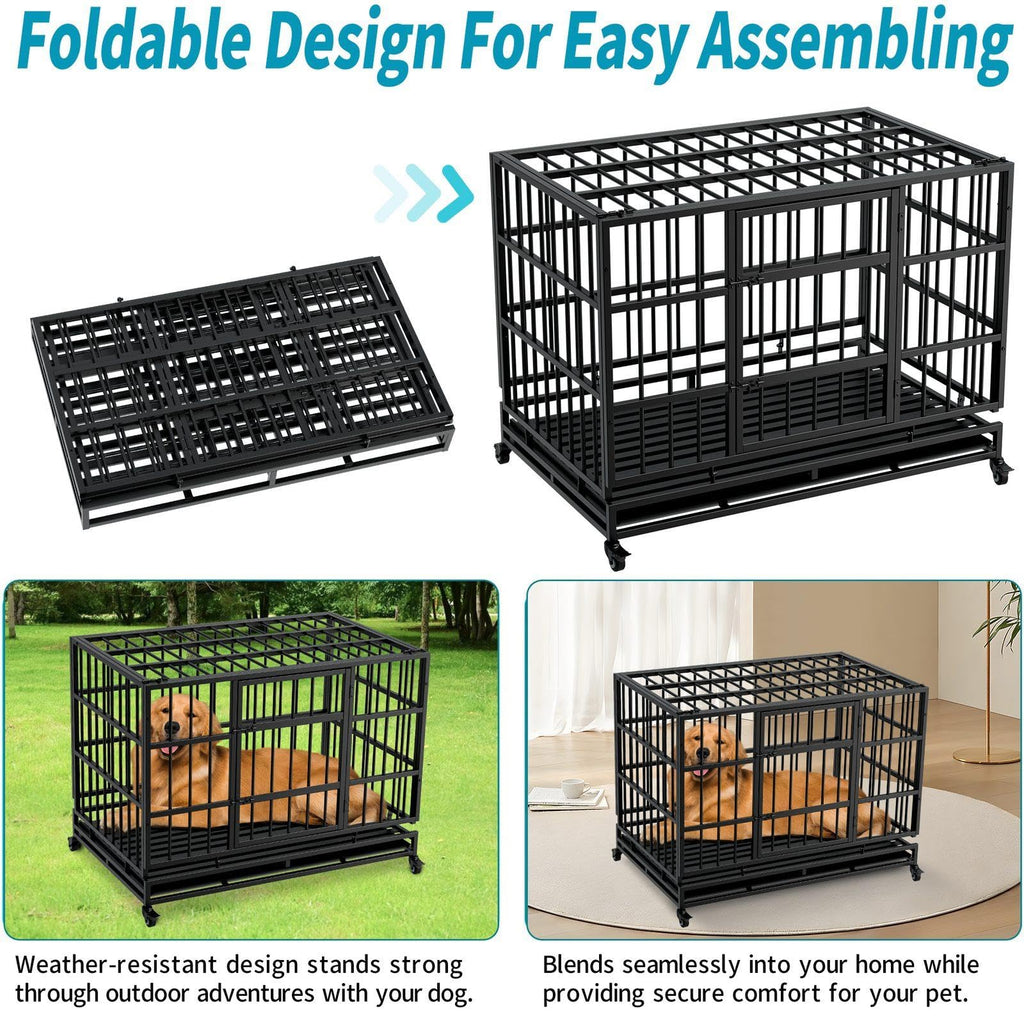 48 Inch Heavy Duty Metal Folding Dog Crate with Wheels and Double Doors P6967