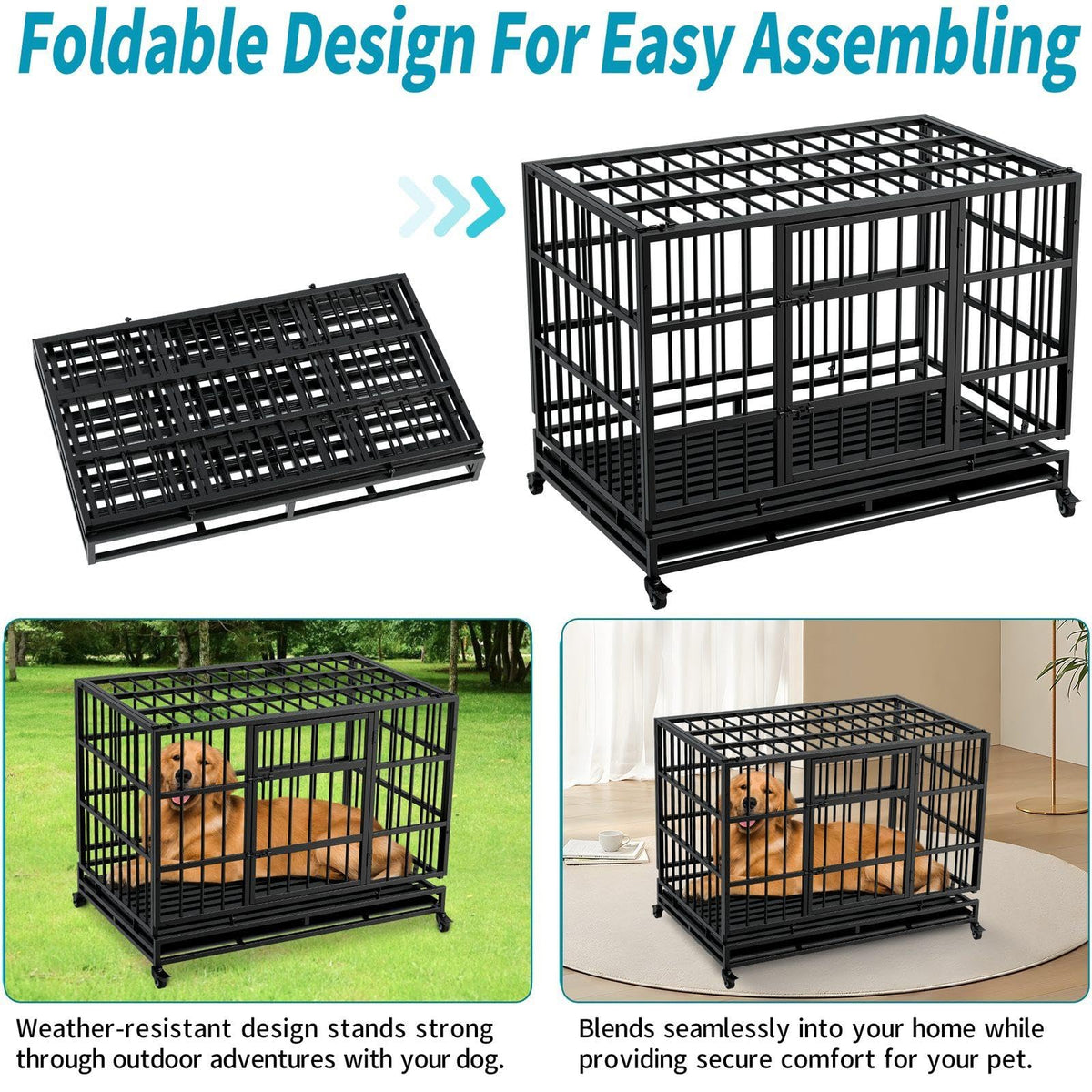 48 Inch Heavy Duty Metal Folding Dog Crate with Wheels and Double Doors P6967