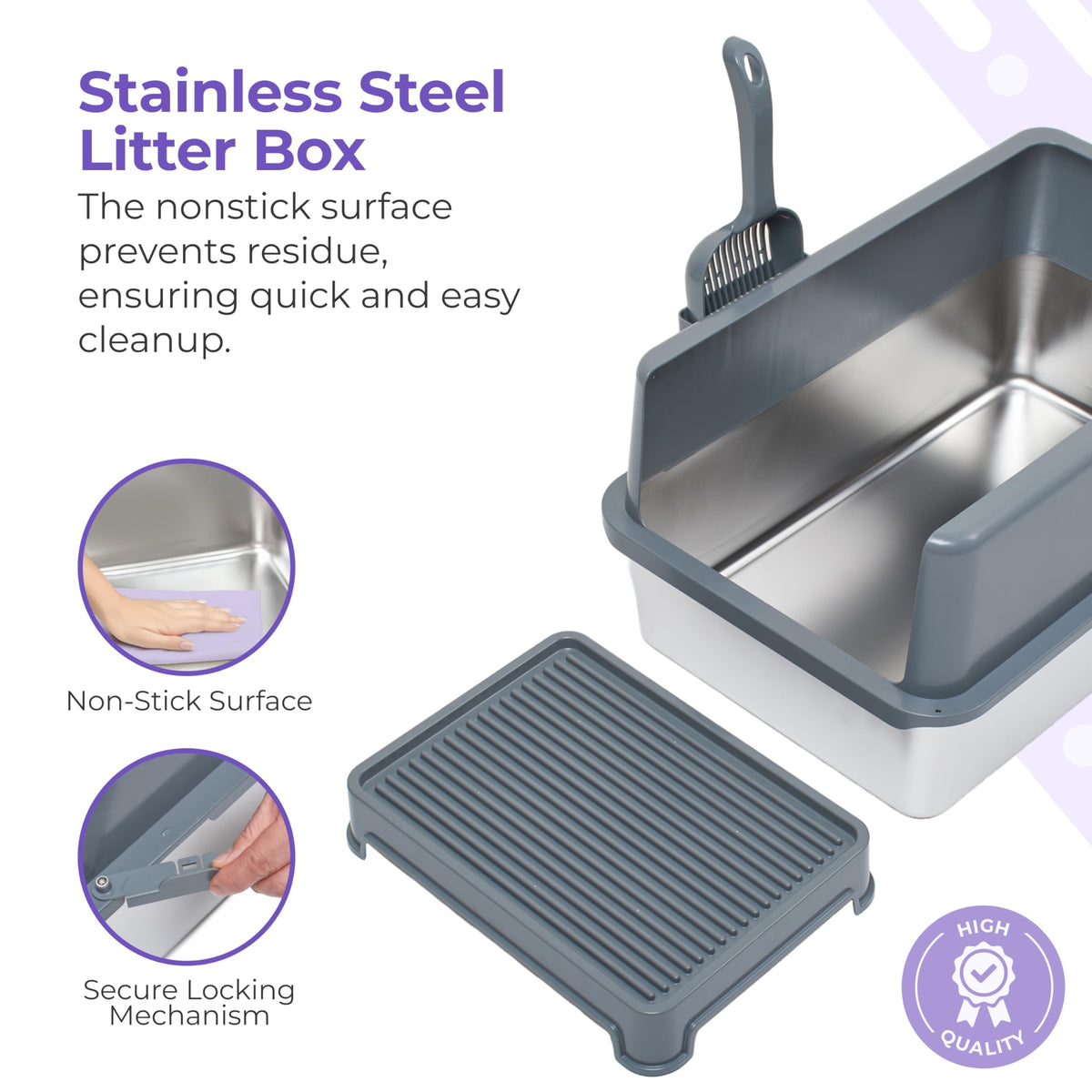 Stainless Steel Cat Litter Box Set with Scooper and Litter Mat F70750