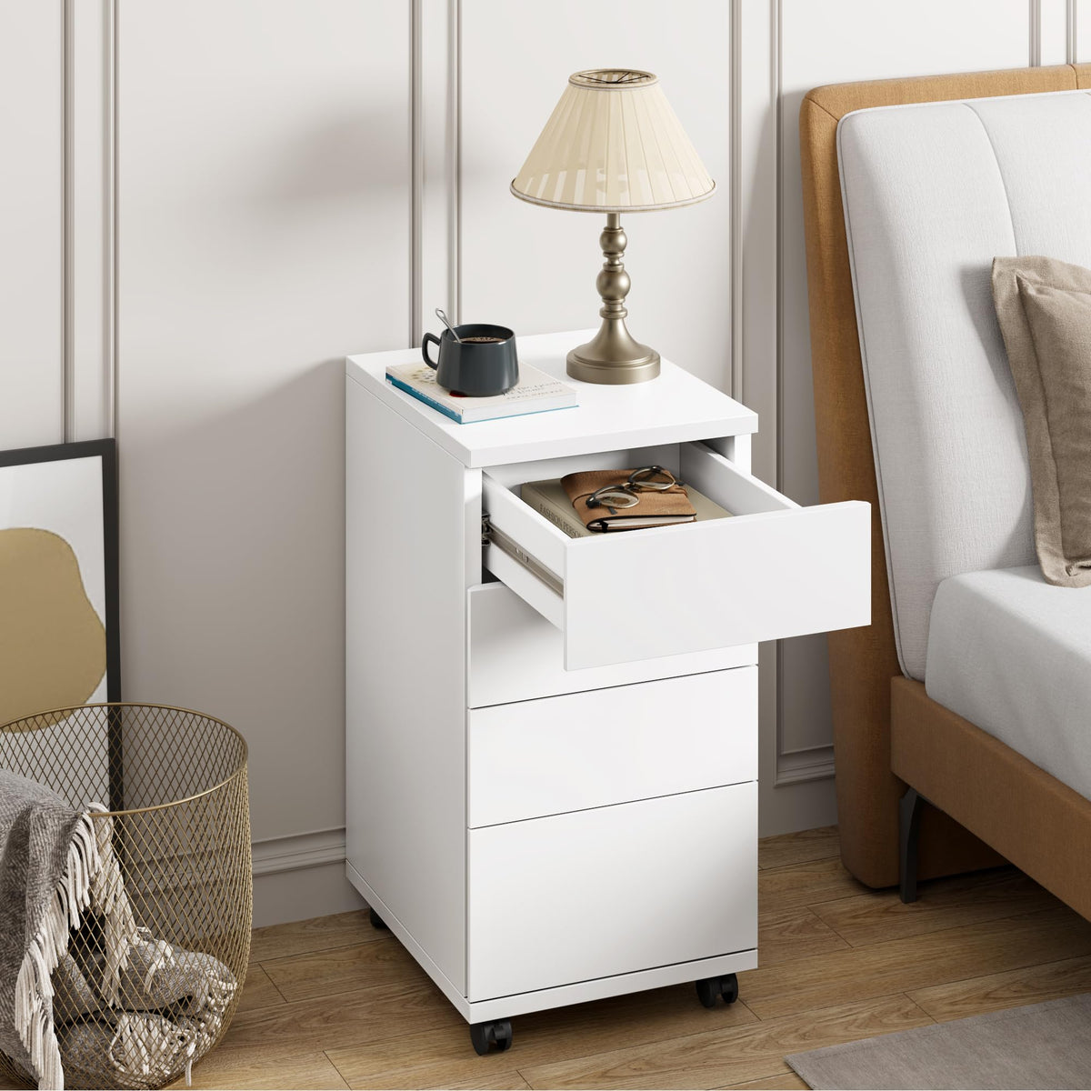 White 4 Drawer Wood Storage Cabinet with Wheels N171153