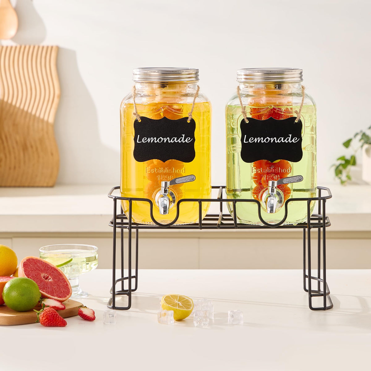 1 Gallon Glass Beverage Dispenser Set of 2 with Stand & Fruit Infuser H761