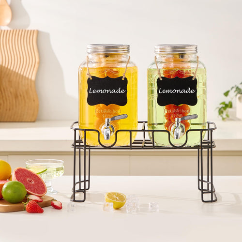 1 Gallon Glass Beverage Dispenser Set of 2 with Stand & Fruit Infuser H761
