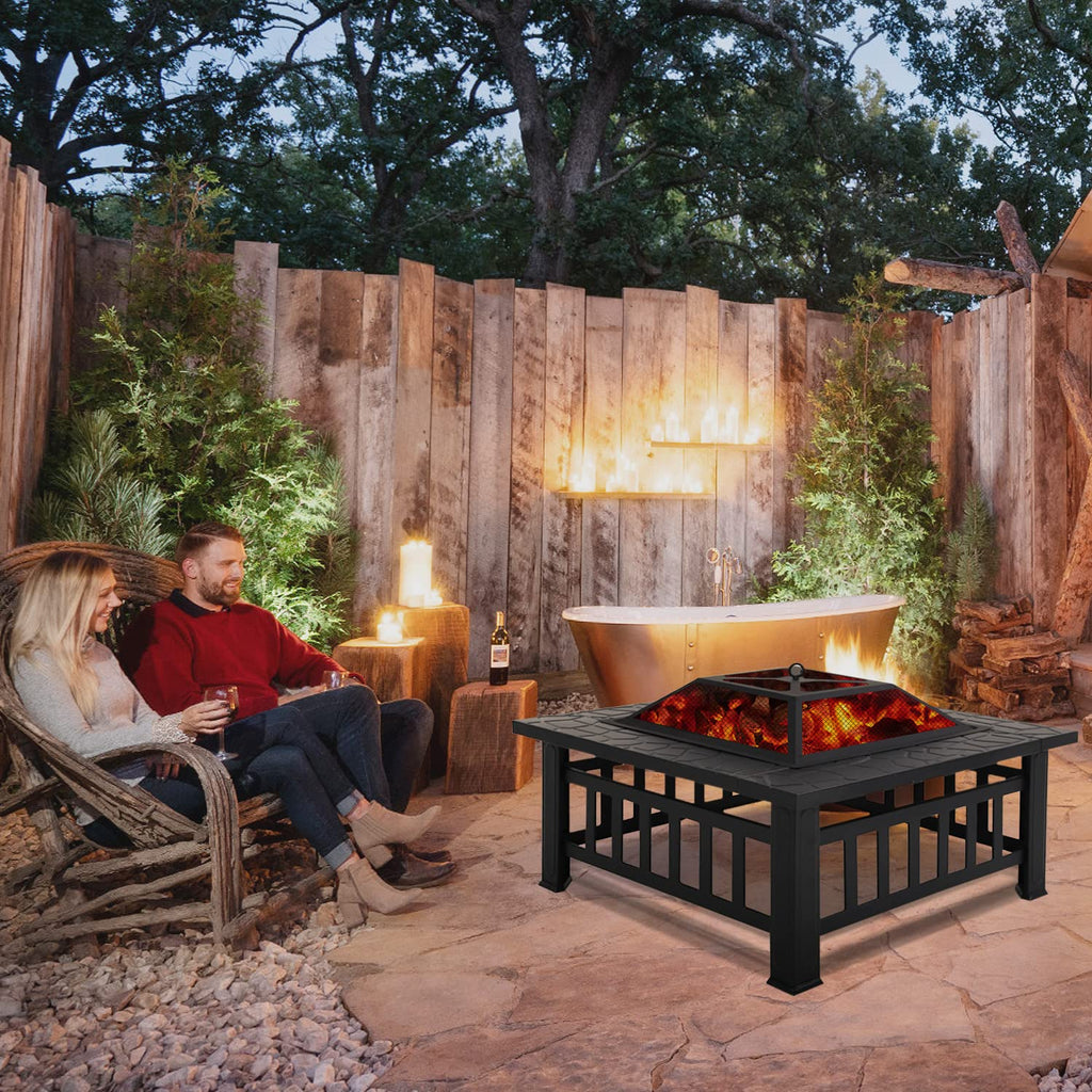 32" Square Wood Burning Fire Pit Table with Spark Screen H108