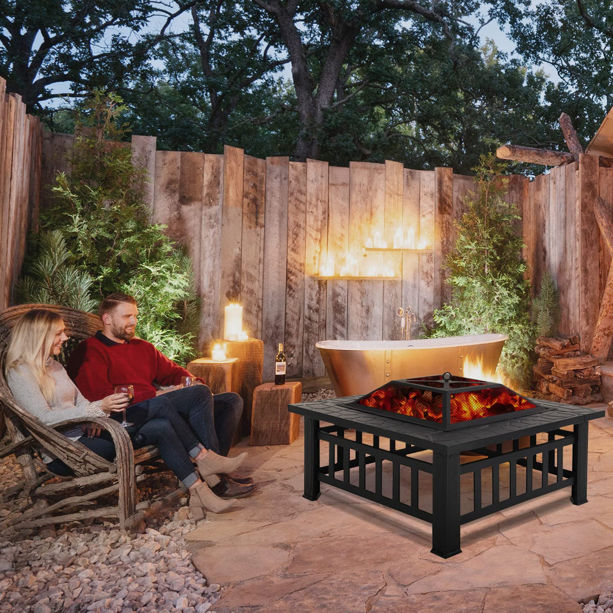 32" Square Wood Burning Fire Pit Table with Spark Screen H108